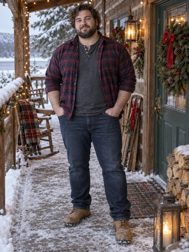 Red and Navy Plaid Flannel over Charcoal Henley