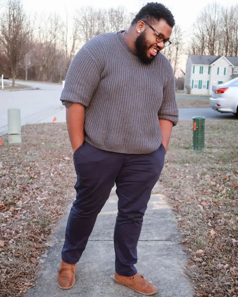 Ribbed Grey Knit With Dark Navy Trousers