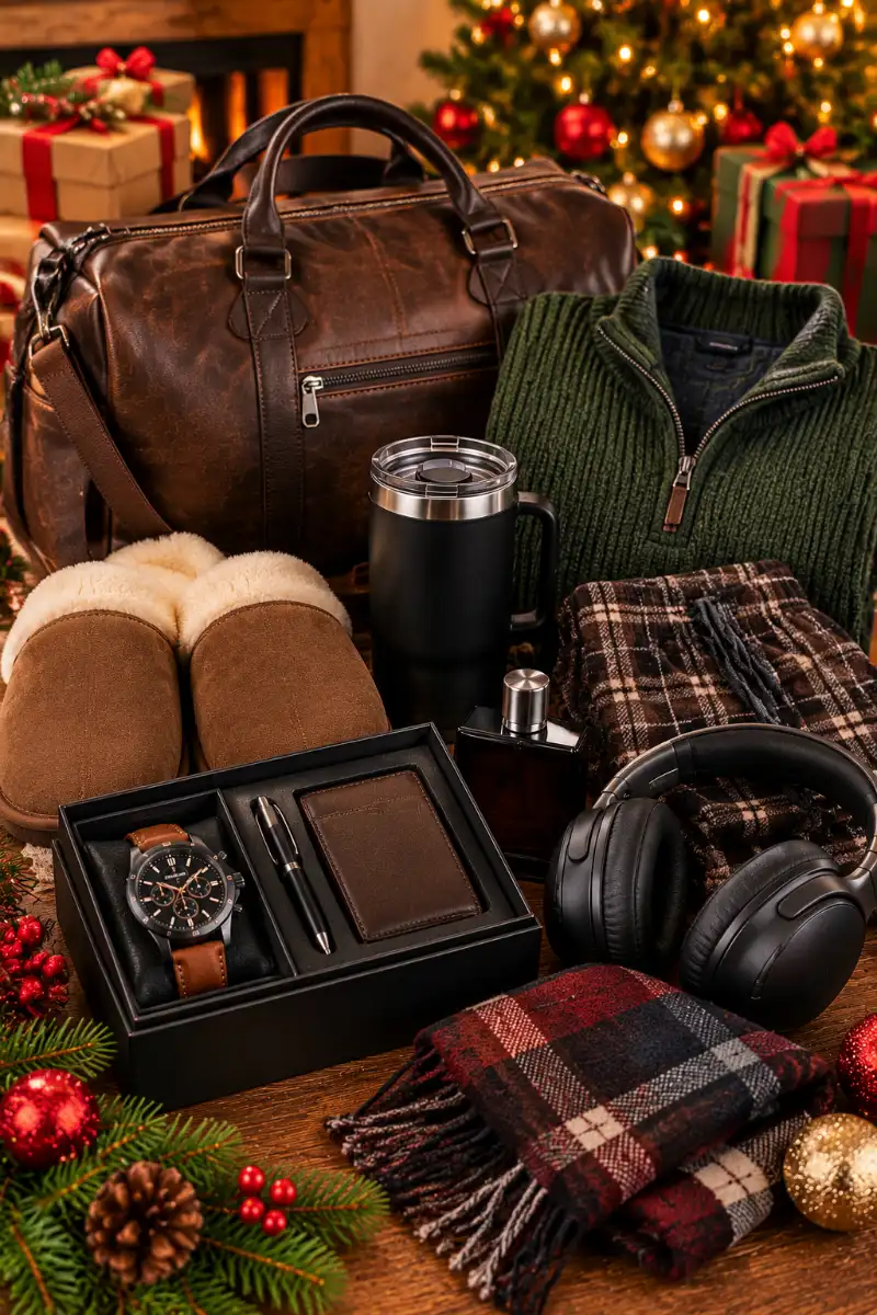 Ribbed Quarter-Zip Pullover, Plaid Lounge Pants, Fleece Slippers, and Leather Duffel Bag Gift Set