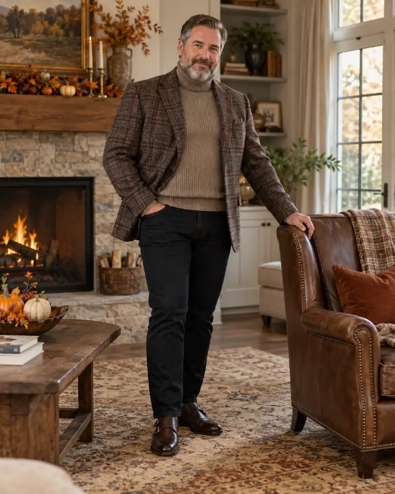 Ribbed Turtleneck and Plaid Wool Blazer