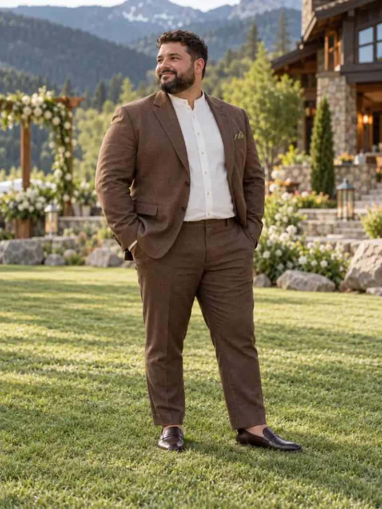 Rich Brown Linen Suit With Mandarin Collar