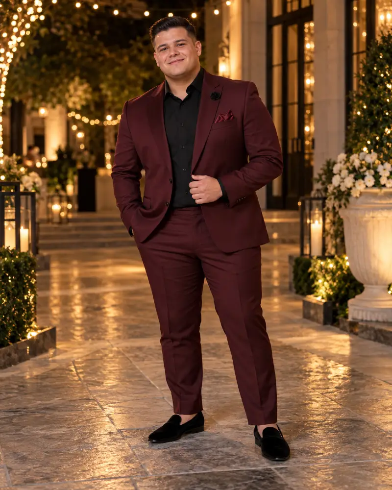 Rich Burgundy Suit With Dark Contrast