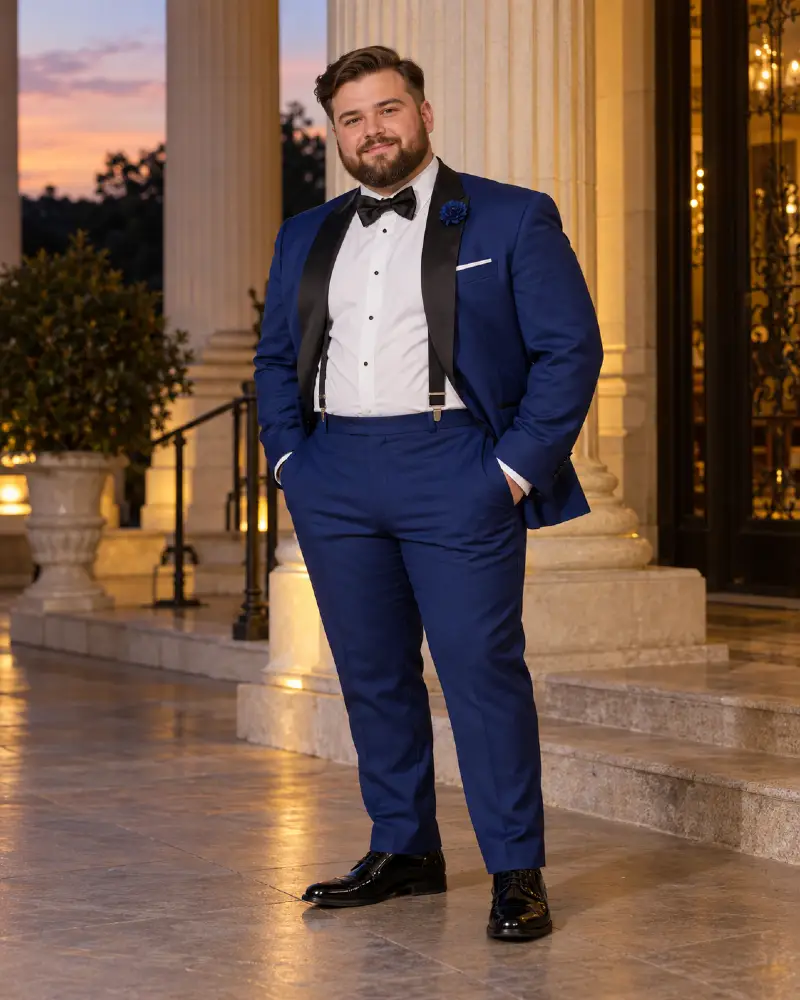 Royal Blue Tuxedo With Satin Lapels And Suspenders