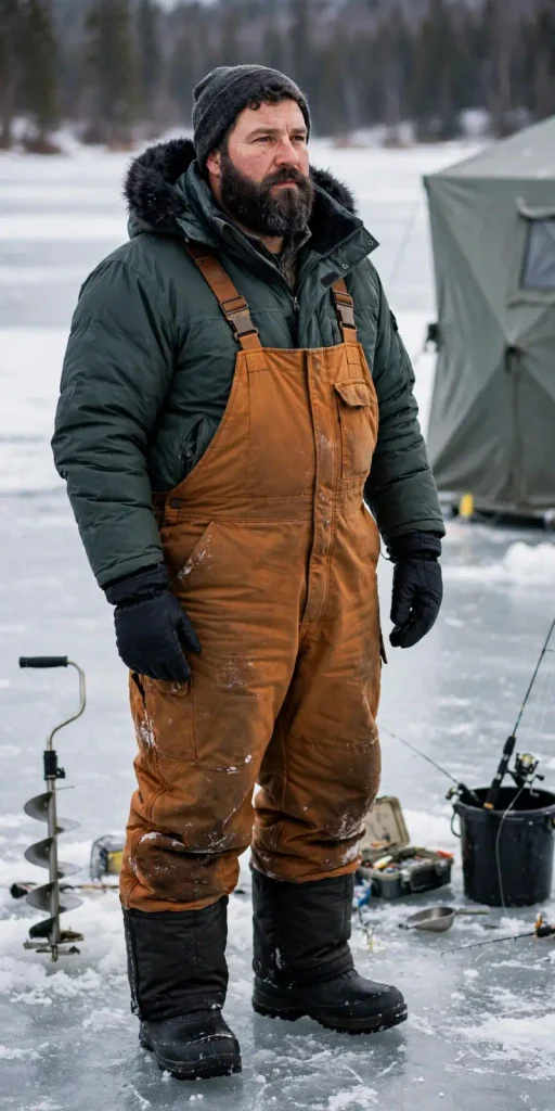 Rugged Canvas Bibs Over a Plush Green Puffer