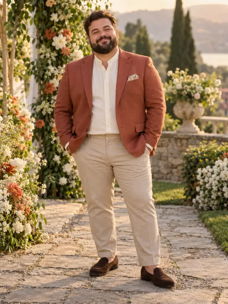 Rust Blazer With Cream Trousers And Mandarin Collar