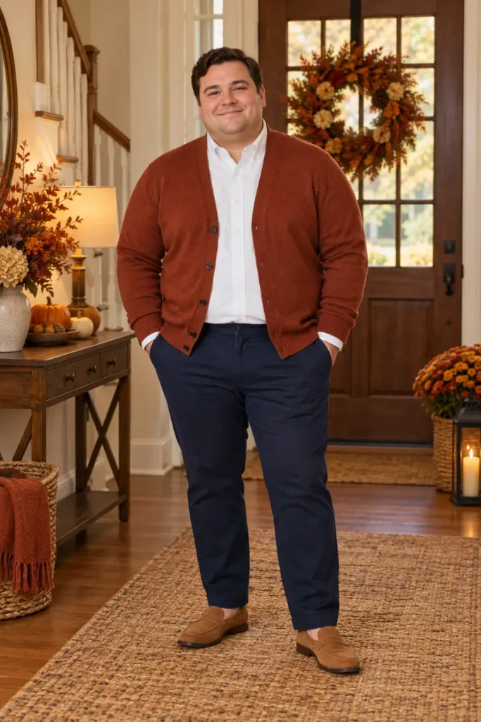 Rust Cardigan and Crisp Navy Chinos
