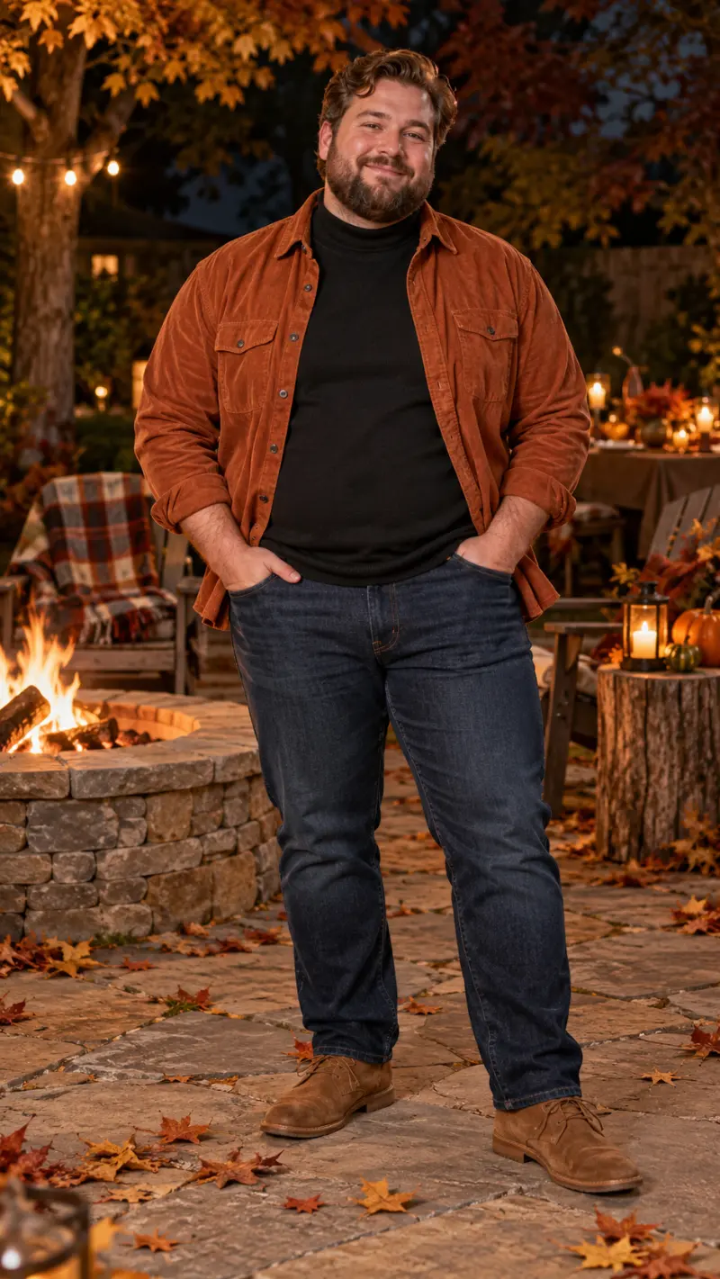 Rust Corduroy Overshirt, Black Mock Neck Top, Dark Wash Jeans, and Tan Suede Boots