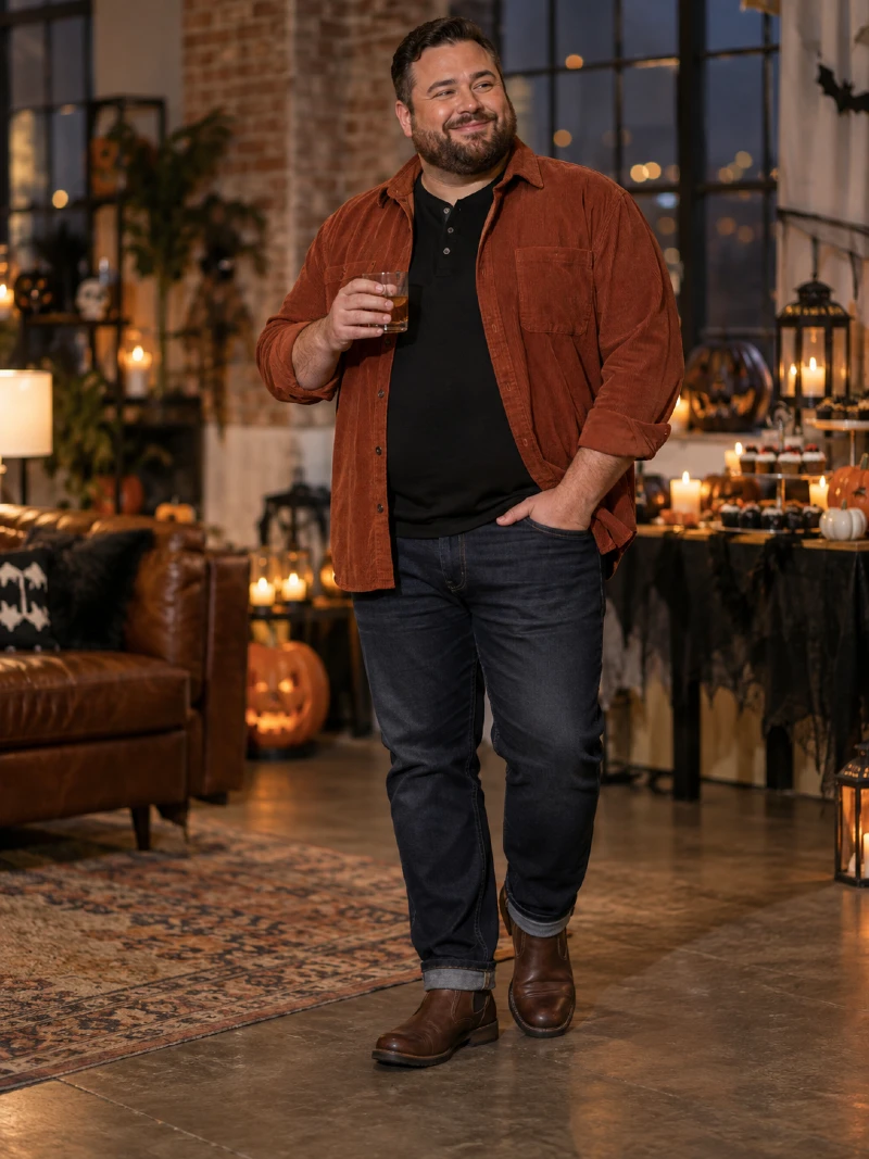 Rust Corduroy Overshirt With Black Polo and Dark Jeans