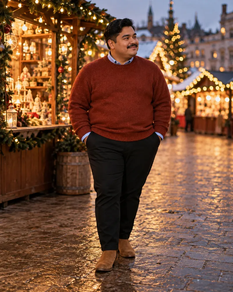 Rust Crewneck Sweater with Light Blue Collared Shirt, Black Chinos, and Tan Suede Boots
