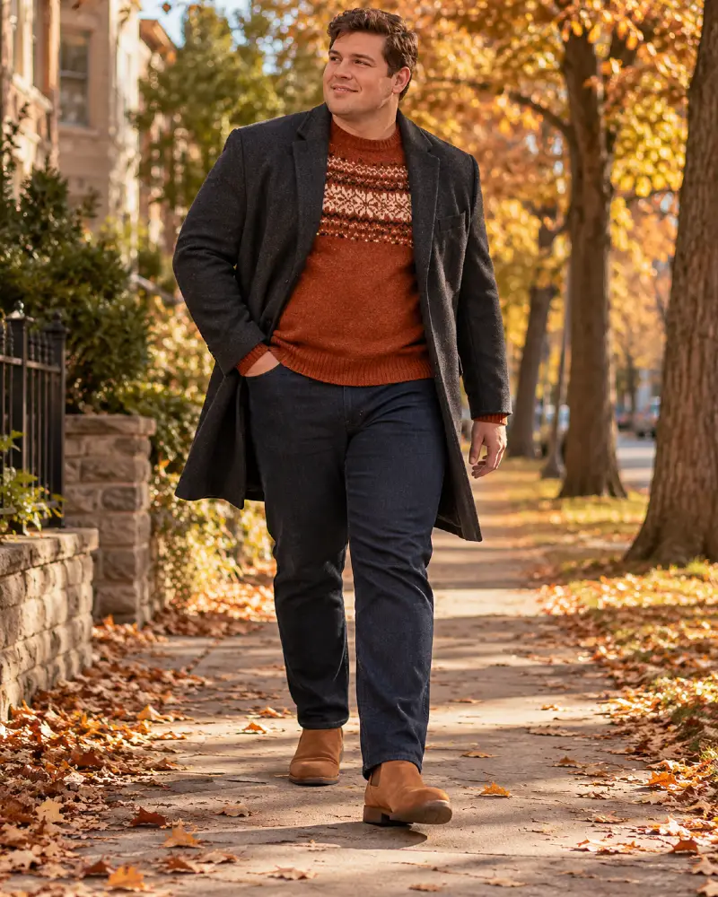 Rust Fair Isle Under a Tailored Overcoat