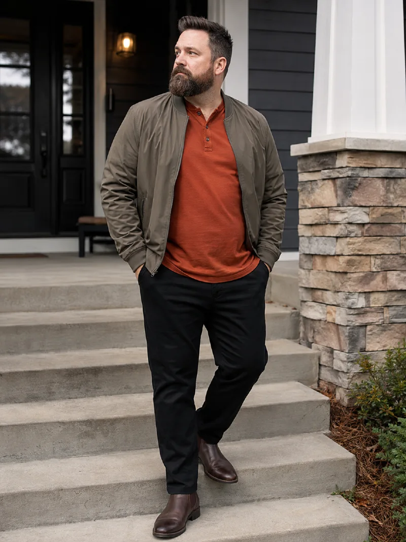 Rust Henley, Olive Bomber Jacket, and Black Pants