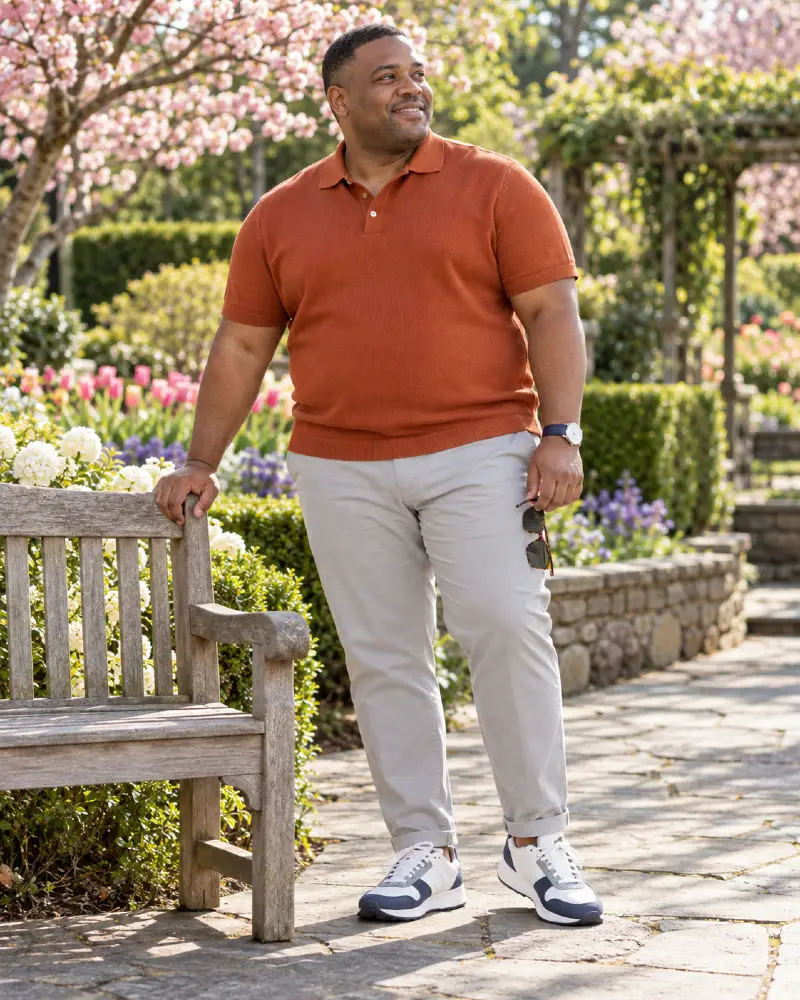 Rust Knit Polo With Chunky Navy Sneakers