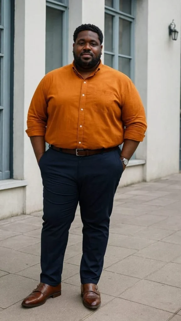 Rust Orange Button Down and Dark Navy Trousers