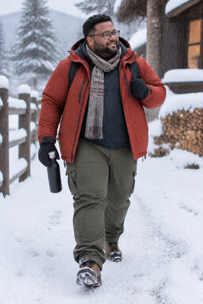 Rust Orange Jacket and Olive Green Cargos