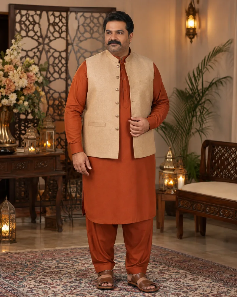 Rust Orange Shalwar Kameez with Beige Waistcoat