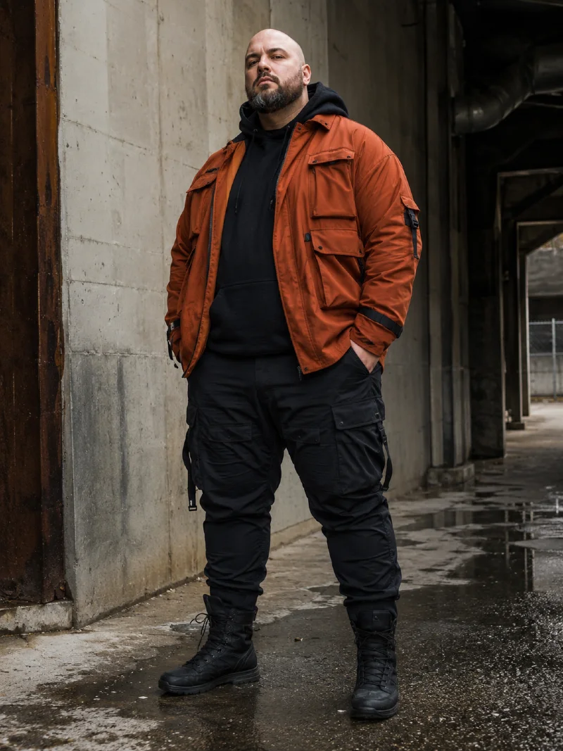Rust Orange Utility Jacket and Black Hoodie with Cargo Pants