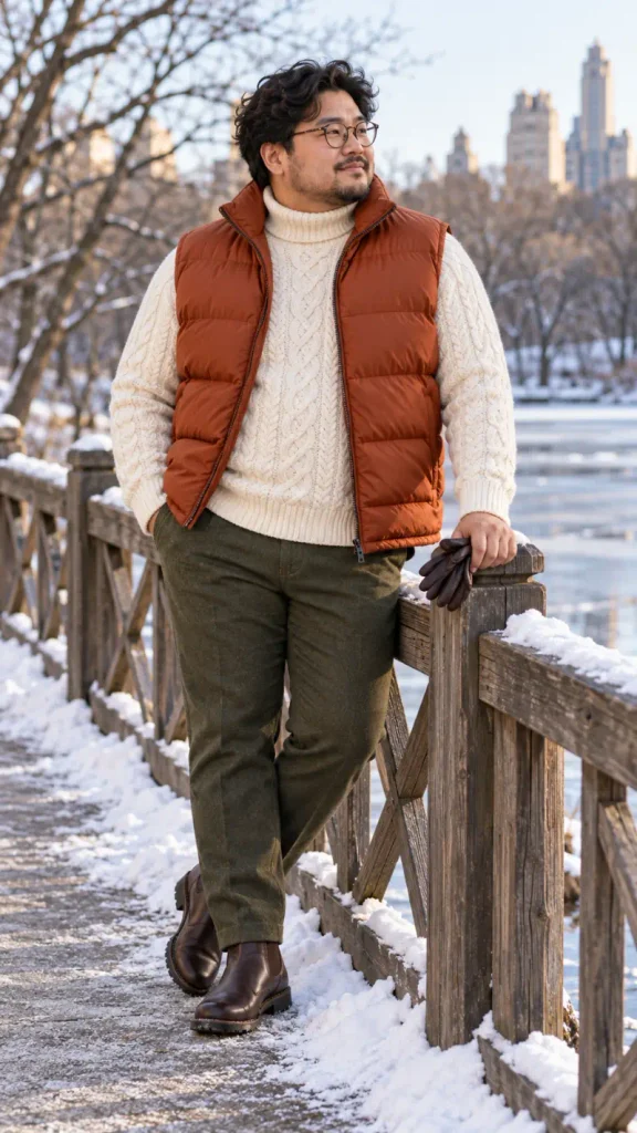 Rust Puffer Vest and Cream Cable Knit Turtleneck