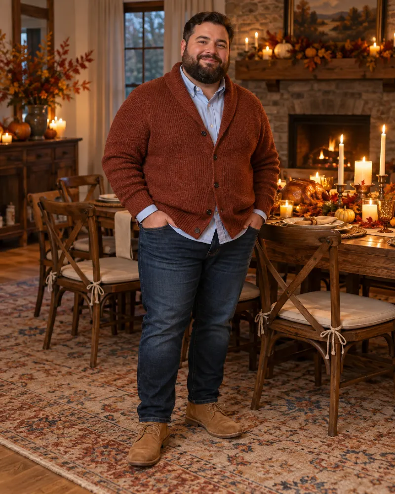 Rust Ribbed Cardigan and Faded Denim