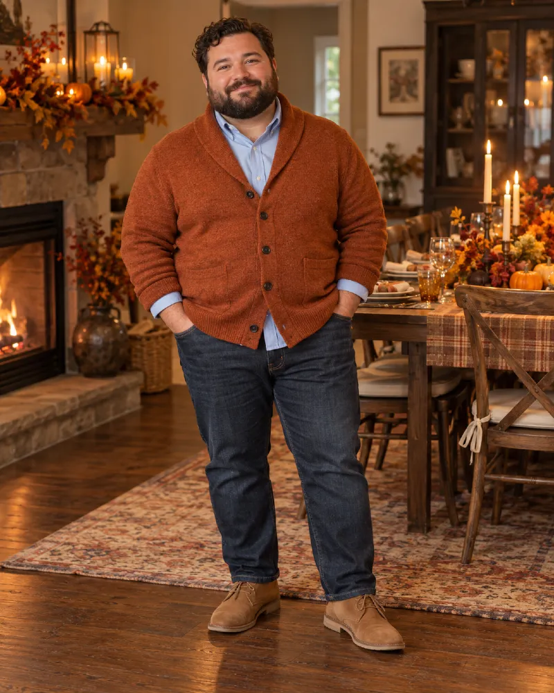 Rust Shawl Cardigan and Classic Denim