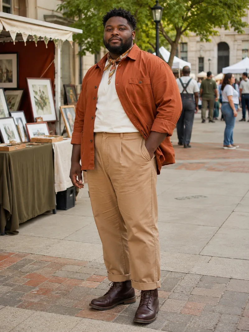 Rust Shirt, T-Shirt, and Khaki Trousers Outfit