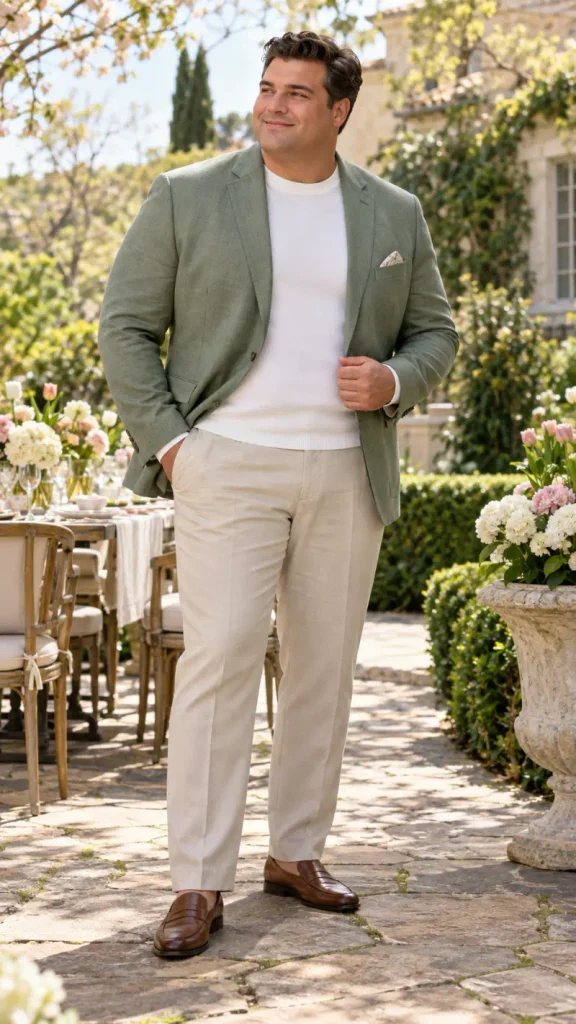 Sage Green Blazer Over Crisp White Crewneck