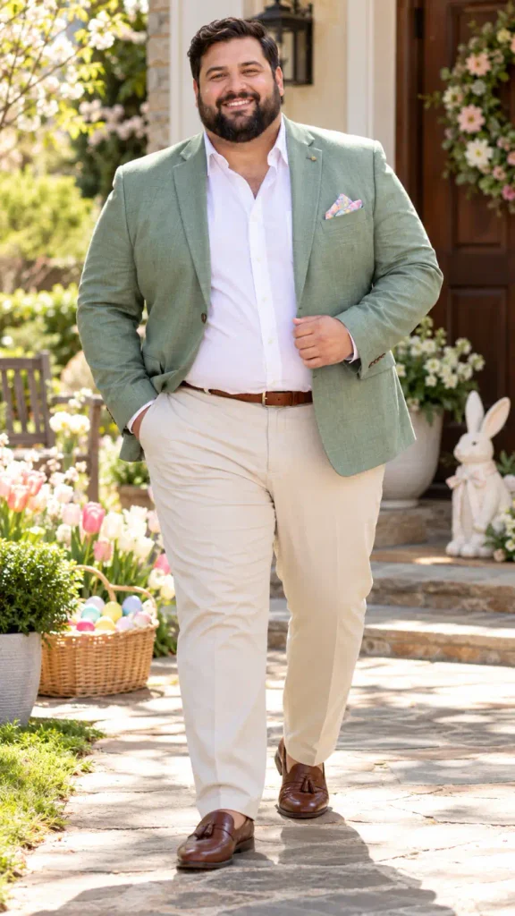 Sage Green Blazer Over Unbuttoned White Cotton