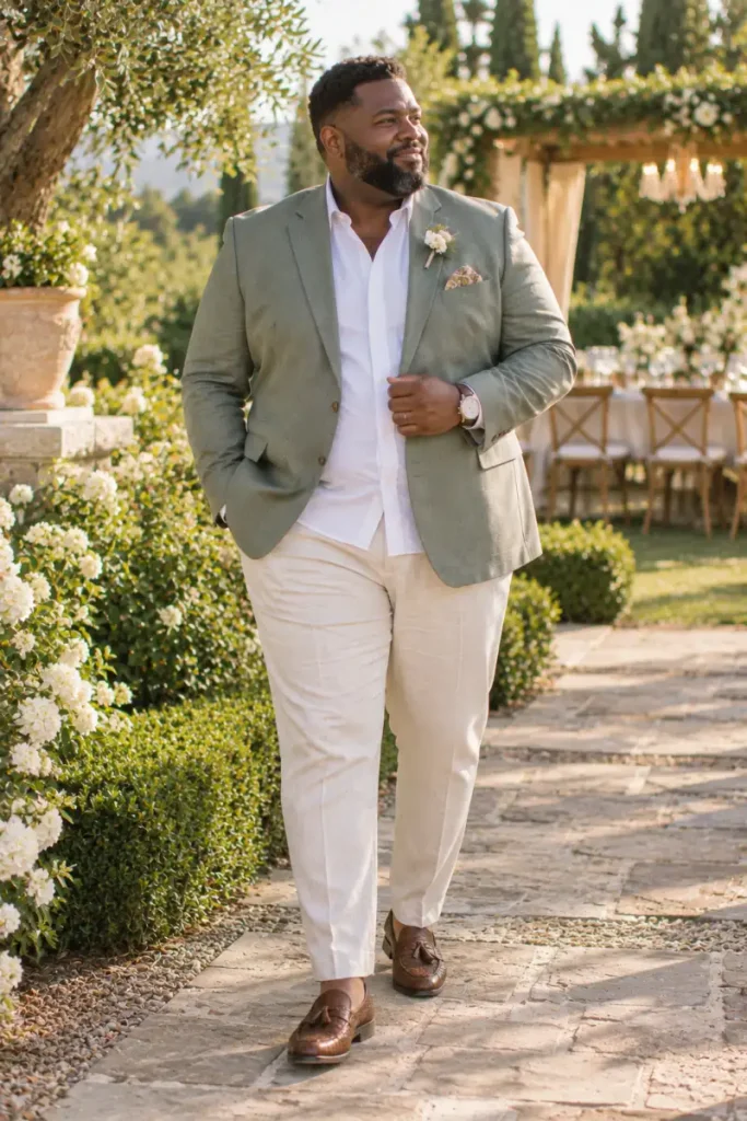 Sage Green Blazer With Untucked White Shirt