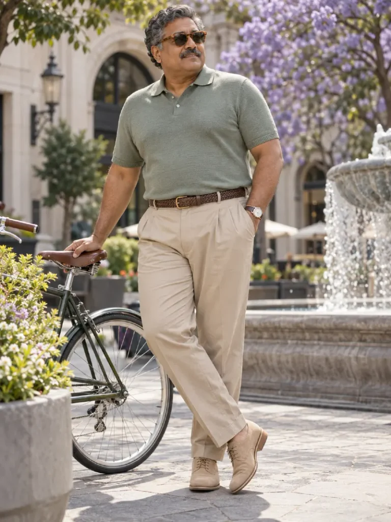 Sage Green Knit Polo And Pleated Khaki Trousers For Spring Afternoons