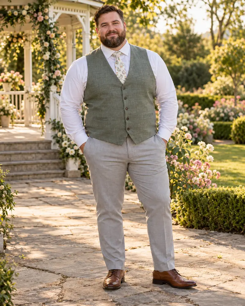 Sage Green Waistcoat and Grey Trousers