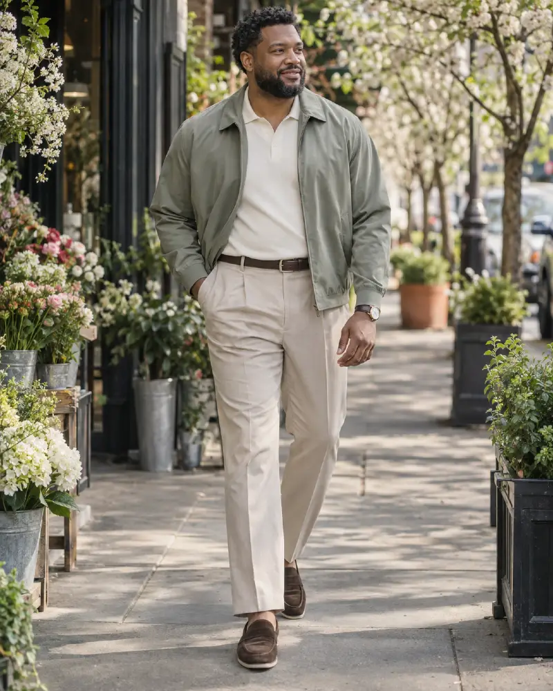 Sage Harrington Jacket and Crisp Cream Trousers