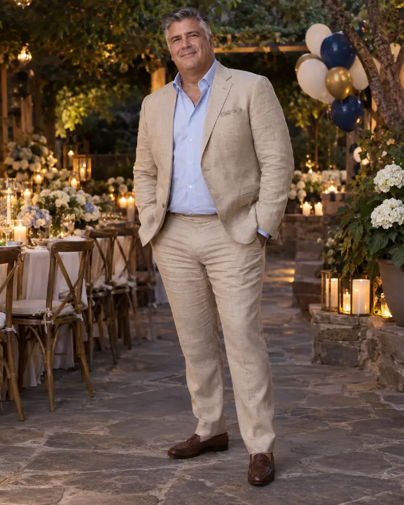 Sand Linen Suits and Soft Pastels for Twilight Courtyards