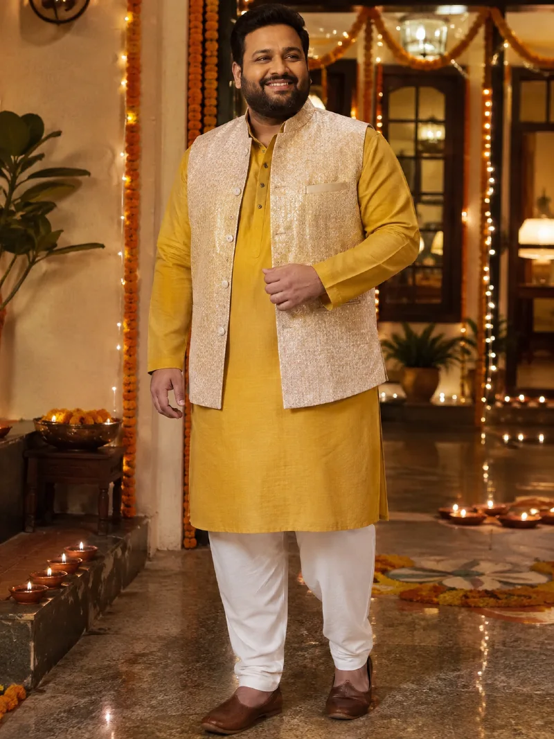 Self-Design Cream Nehru Jacket with Yellow Kurta Pajama