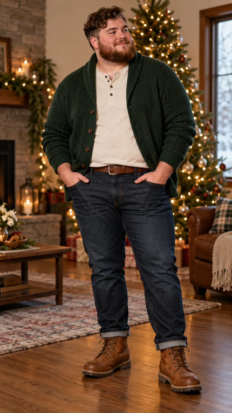 Shawl Collar Cardigan, Henley Shirt, Cuffed Jeans, and Lace-Up Boots