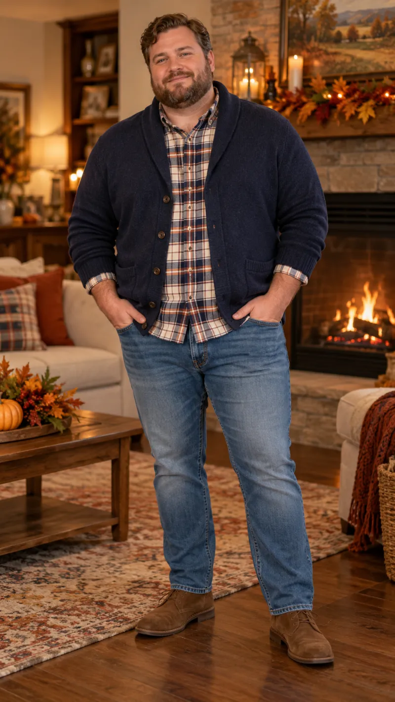Shawl Collar Cardigan, Plaid Shirt, Light Wash Jeans, and Suede Chukkas