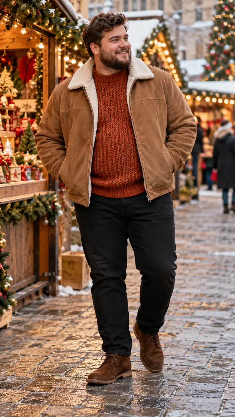 Shearling Suede Jacket, Rust Knit Sweater, Black Jeans, and Suede Chukka Boots