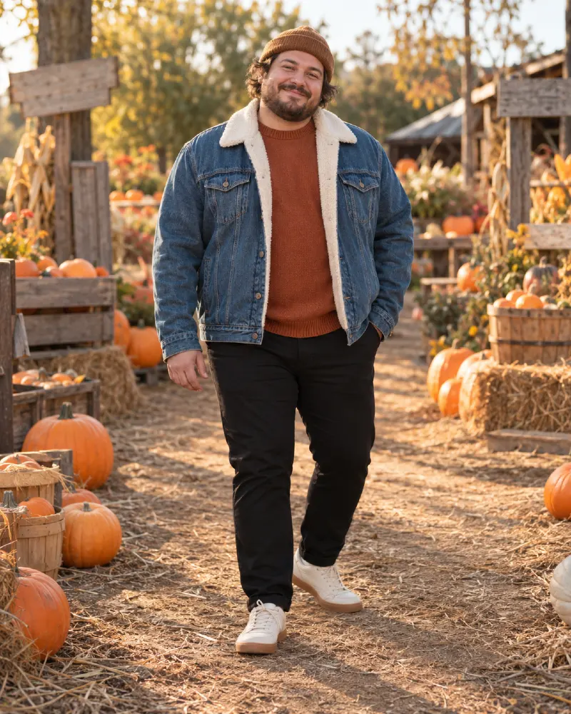 Sherpa Denim Jacket and Crewneck Sweater