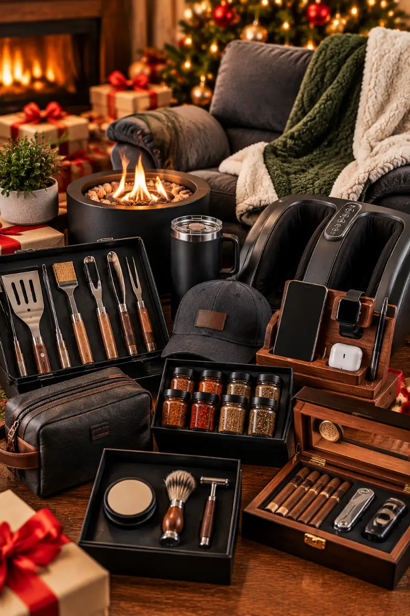 Sherpa Fleece Throw Blanket, Baseball Cap, Leather Toiletry Bag, and Fireside Lounge Set