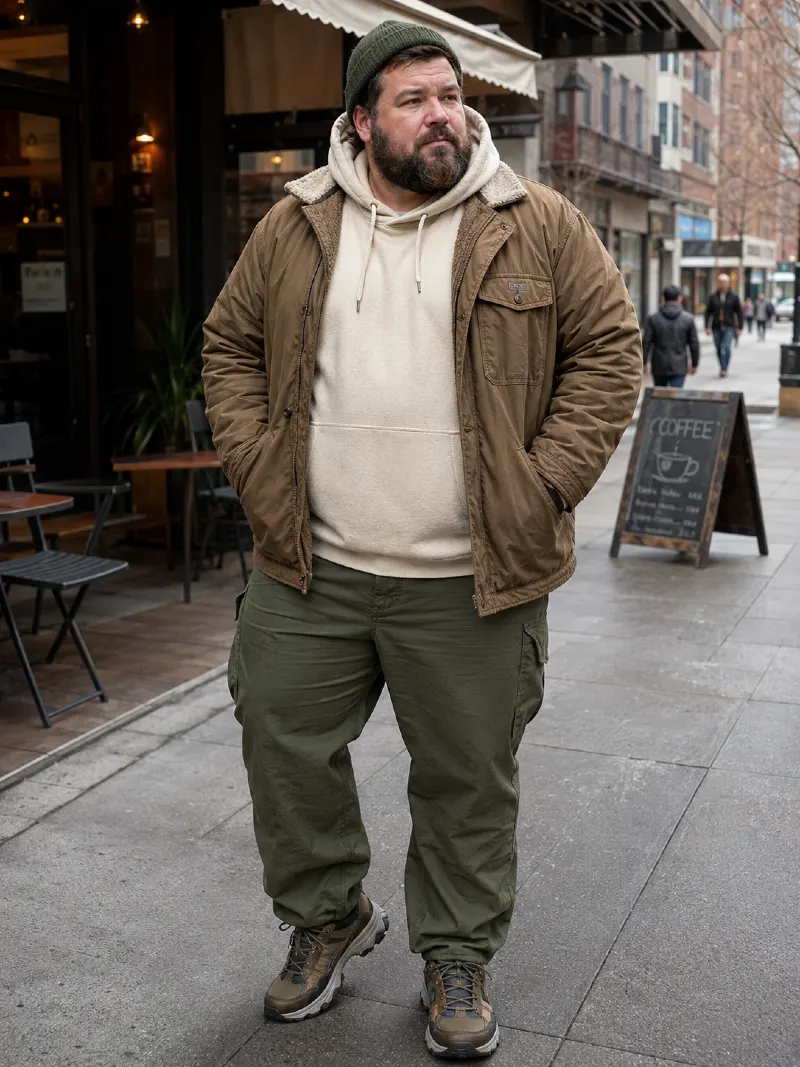Sherpa-Lined Canvas Jacket, Hoodie, Olive Cargo Pants, Beanie, and Hiking Shoes