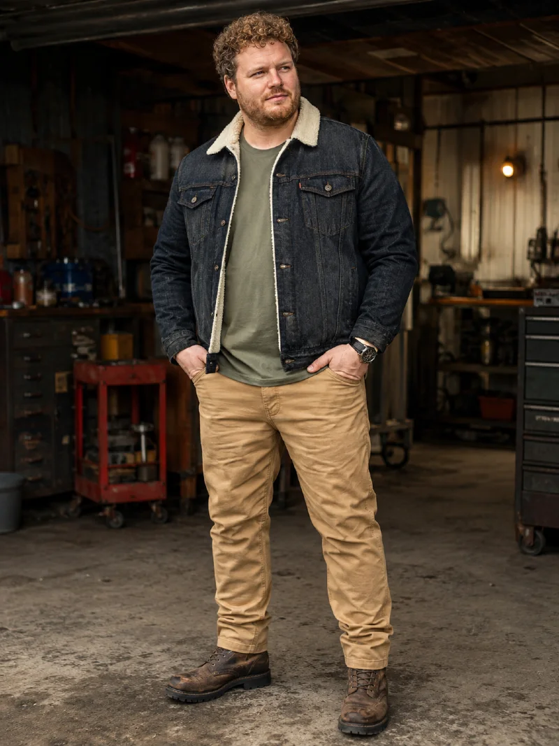 Sherpa-Lined Dark Denim Jacket with Olive Crewneck T-Shirt and Tan Chino Pants