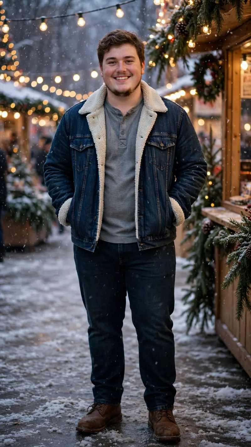 Sherpa-Lined Denim Jacket with Grey Henley Shirt and Blue Jeans