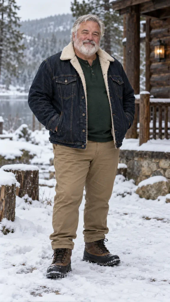 Sherpa Lined Denim and Green Henley