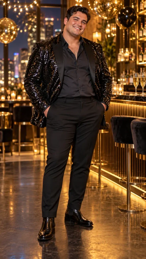 Shimmering Black Sequins and Warm Bar Lights
