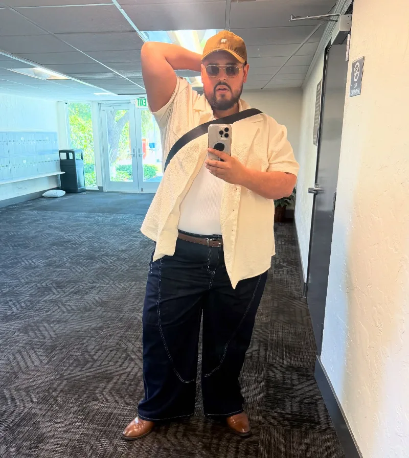 Short-Sleeve Button-Down Shirt, Tank Top, and Wide-Leg Jeans