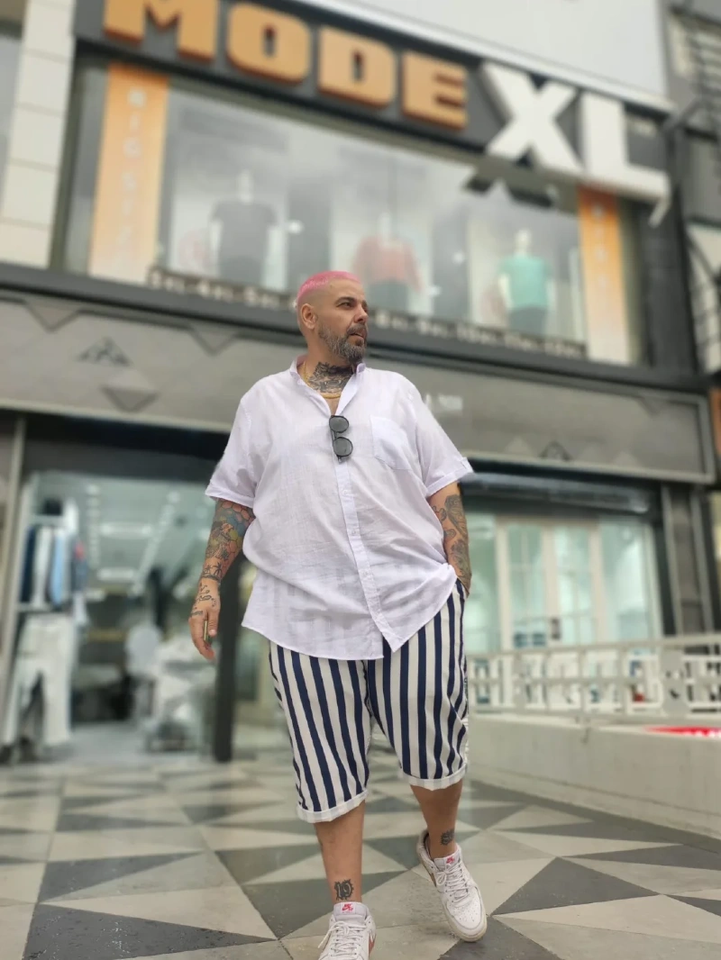 Short-Sleeve Button-Down Shirt and Striped Shorts