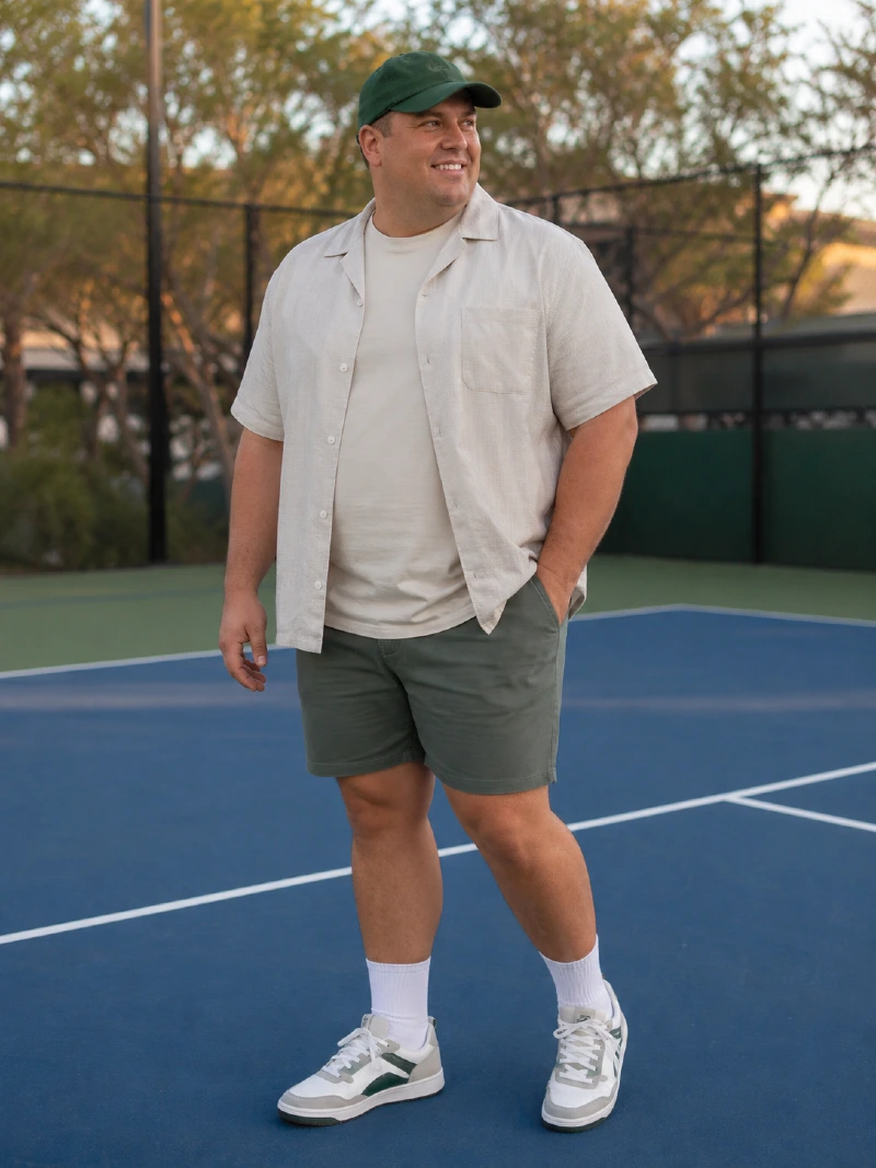 Short-Sleeve Button-Down and Green Shorts