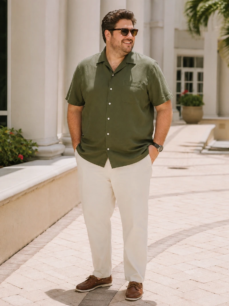 Short-Sleeve Olive Button-Down Shirt and Off-White Pants