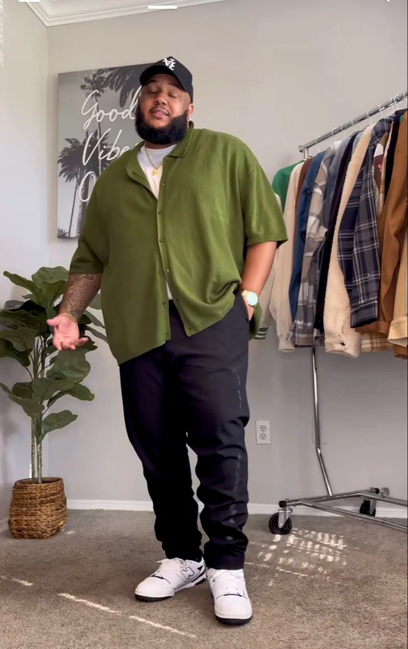 Short-Sleeve Olive Knit Shirt and Black Pants