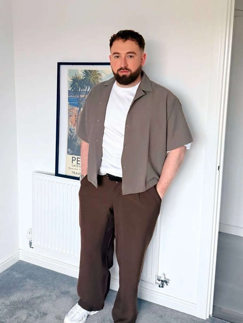 Short Sleeve Shirt, White T-Shirt, and Trousers