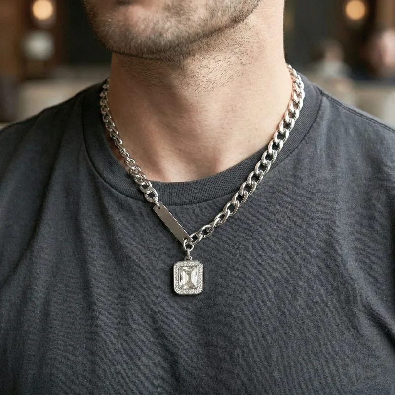 Silver Cuban Chain with Crystal Pendant