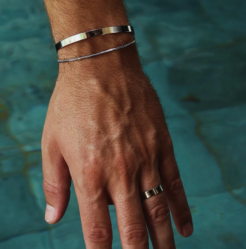Silver Cuff, Snake Chain Bracelet, and Minimalist Ring